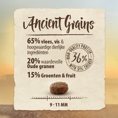 Ancient Grains: 65% vlees, vis & hoogwaardige dierlijke ingrediënten, 20% waardevolle oude granen, 15% groenten & fruit. 36% eiwit met 51% kip. Brokmaat 9–11 mm.