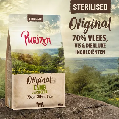 Purizon Original Lamb with Chicken, 6,5 kg. Sterilised. 70% vlees, vis & dierlijke ingrediënten, 30% fruit & groente, 0% granen. Kattenvoer.