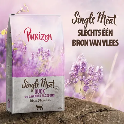 Purizon Single Meat Duck with Lavender Blossoms kattenvoer, 6,5 kg. Slechts één bron van vlees. 70% eend, 30% groenten & fruit, 0% granen. Tekst in het Engels en Nederlands zichtbaar.