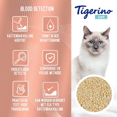 Tigerino vet Blood Detection kattenbakvulling additief. Toont bloed in kattenurine, vroegtijdige detectie, eenvoudige en veilige methode, praktische test voor thuisgebruik, geschikt voor elk type kattenbakvulling.