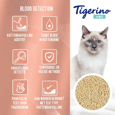 Tigerino vet Blood Detection kattenbakvulling additief. Toont bloed in kattenurine, vroegtijdige detectie, eenvoudige en veilige methode, praktische test voor thuisgebruik, geschikt voor elk type kattenbakvulling.