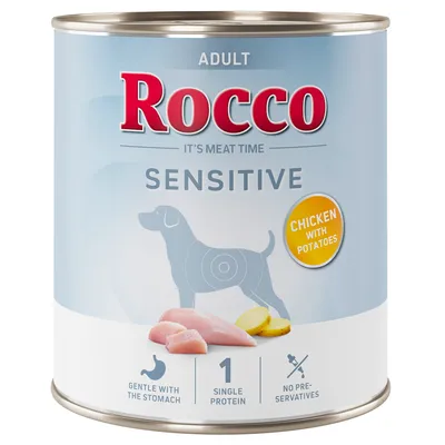 Rocco Sensitive Adult, Пиле с картофи, Единичен протеин, Щадящ за стомаха, Без консерванти. Кутия със силует на куче и изображение на съставките.