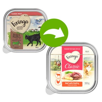 Feringa Classic Adult Beef with Poultry, Potato and Catnip 100g. Verpackungsänderung von altem zu neuem Design sichtbar.