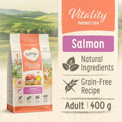 Feringa Vitality Hairball Care Adult, рецепт с лососем, нутом, лососевым маслом и псиллиумом. Без зерна, свежий лосось, пребиотики, овощи. Упаковка: 400 г.