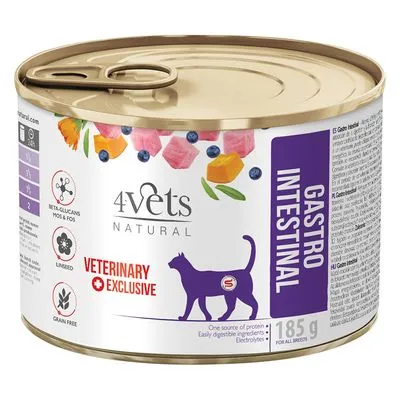 4Vets Natural Gastro Intestinal kattenvoer, 185 g. Tekst: Veterinary Exclusive, grain free, beta-glucans MOS & FOS, linseed. Voor alle rassen. Blik met paarse kat en ingrediëntenafbeeldingen. 4Vets Natural Gastro Intestinal kattenvoer, 185 g. Tekst: Veterinary Exclusive, grain free, beta-glucans MOS & FOS, linseed. Voor alle rassen. Blik met paarse kat en ingrediëntenafbeeldingen.
