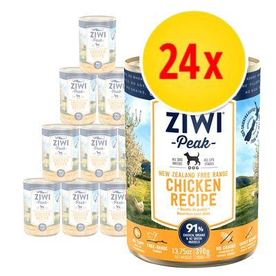 24x Ziwi Peak New Zealand Free Range Chicken Recipe hundmatburkar, 390 g. Text: 91 % chicken, organs & green mussels, free-range, no grains.