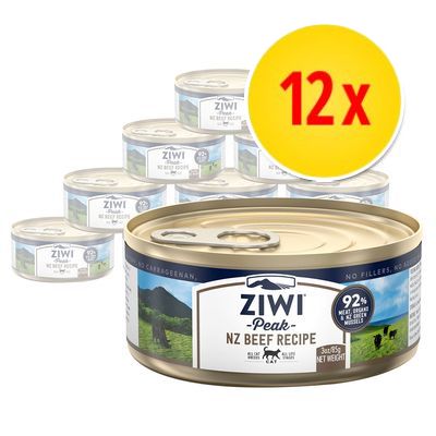 12-pack Ziwi Peak NZ Beef Recipe våtfoderburkar, synlig text: 92 % meat organe & bone in moisture, 85 g net weight, bild på nötkreatur och landskap på etiketten.