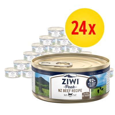 24-pack Ziwi Peak NZ Beef Recipe, 85 g burkar. Text: 92 % meat, organs & NZ green mussels. Bild på burk med landskap och djurmotiv.