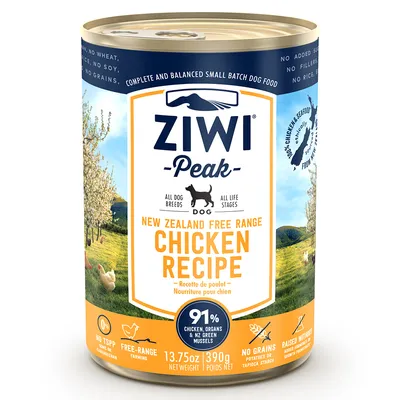 Boîte de nourriture pour chien ZIWI Peak Chicken Recipe, 390 g, 91 % poulet, abats et moules vertes de Nouvelle-Zélande, sans céréales, élevage en plein air, texte en anglais.