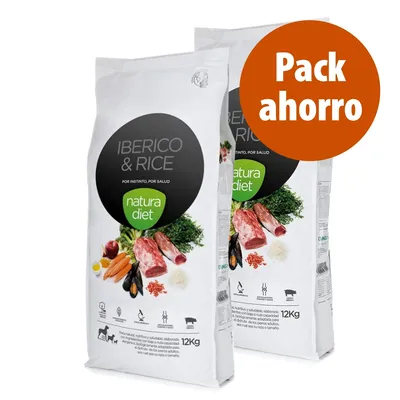 2 x 12 kg Natura Diet Iberico & Rice -koiranruokapakkausta, edessä oranssi ympyrä tekstillä 'Pack ahorro'. Pakkauksissa näkyvät ainesosakuvat ja tuotetiedot espanjaksi. 2 x 12 kg Natura Diet Iberico & Rice -koiranruokapakkausta, edessä oranssi ympyrä tekstillä 'Pack ahorro'. Pakkauksissa näkyvät ainesosakuvat ja tuotetiedot espanjaksi.