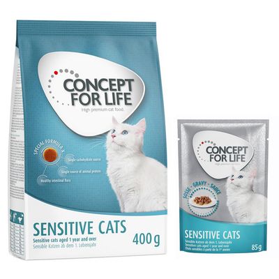Concept for Life Kombi-Paket: 400 g Trockennahrung + 12 x 85 g Nassnahrung in Soße Sensitive Cats Mixpaket