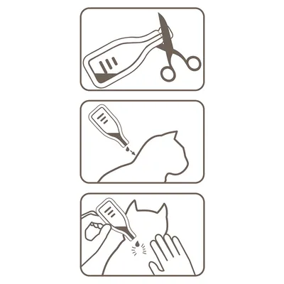 Instrucciones para usar una pipeta: abrir cortando, aplicar gotas en la nuca de un gato, evitar el contacto con los ojos.