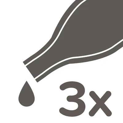 Símbolo de una botella con gotas y el número '3x', indica triple uso o cantidad.