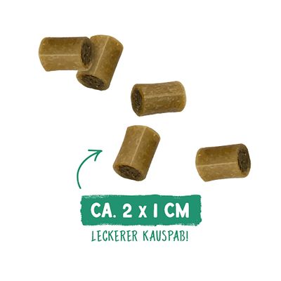 Vier kleine Snacks, Text: ca. 2 x 1 cm, leckerer Kauspaß.