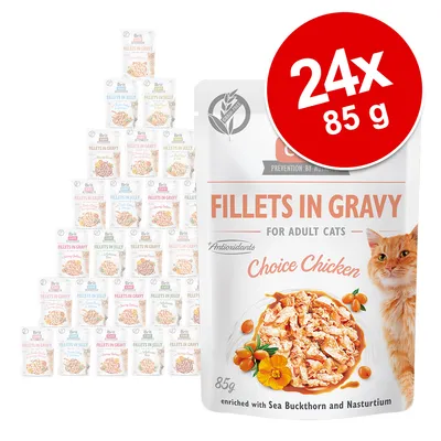 Pachet 24 x 85 g Brit Fillets in Gravy pentru pisici adulte, Choice Chicken, îmbogățit cu cătină și nasturtium. Text vizibil: +Antioxidants, enriched with Sea Buckthorn and Nasturtium.