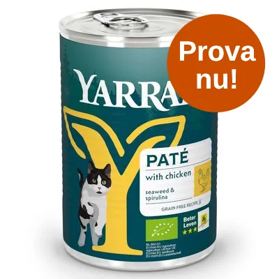 Yarrah PATÉ with chicken, seaweed & spirulina. Ekologisk märkning och Beter Leven 3 stjärnor synliga på burken. Orange cirkel med texten: Prova nu!