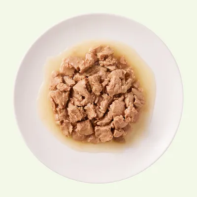 Close-up of shredded meat in sauce on a white plate, shown as product content.