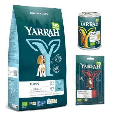 Lot Yarrah Bio Puppy pour chiot - croquettes (2 kg) + boîtes (2 x 400 g) + friandises (9 x 11 g)