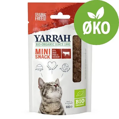 Yarrah BIO-ORGANIC SINCE 1992 MINI SNACK, 97% beef pork & chicken, GRAIN FREE RECIPE, ØKO-mærke, BIO ORGANIC, 50 g. Kat på emballagen. Yarrah BIO-ORGANIC SINCE 1992 MINI SNACK, 97% beef pork & chicken, GRAIN FREE RECIPE, ØKO-mærke, BIO ORGANIC, 50 g. Kat på emballagen.