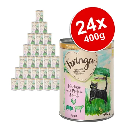 Feringa Chicken with Pork & Lamb Adult cat food, 24 x 400g tins. Visible text: 'Homemade taste begins with love'. Image shows a black cat and animal icons on the label.