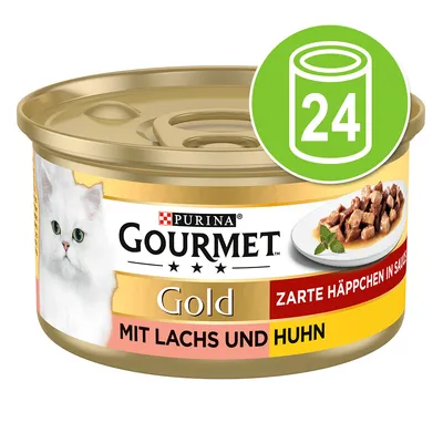 Purina Gourmet Gold, zarte Häppchen in Sauce mit Lachs und Huhn. Verpackung zeigt eine weisse Katze und ein grünes Symbol für 24 Dosen.