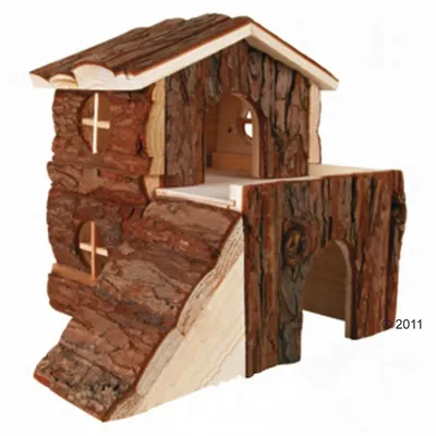 Two-storey wooden pet house with bark exterior, ramp leading to upper level, arched entrances and round windows on both floors. Two-storey wooden pet house with bark exterior, ramp leading to upper level, arched entrances and round windows on both floors.
