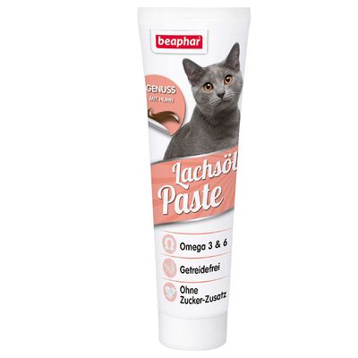 beaphar Lachsöl Paste, GENUSS MIT HUHN, Omega 3 & 6, Getreidefrei, Ohne Zucker-Zusatz. Tube avec photo de chat gris.