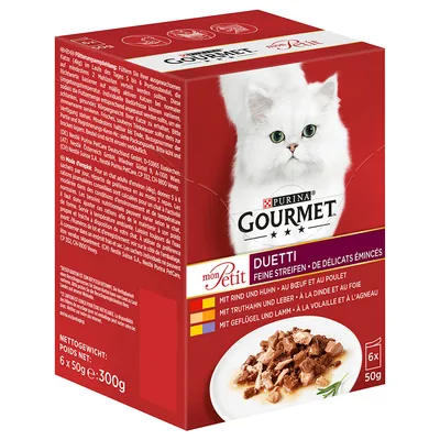 PURINA GOURMET mon Petit Duetti kattefoder, 6 x 50 g. Varianter: med oksekød og kylling, kalkun og lever, fjerkræ og lam. Billede af hvid kat og serveret foder på tallerken.