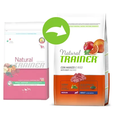 Стара и нова опаковка на Natural Trainer. Видими надписи: ADULT MEDIUM, VITELLO-RISO-GINSENG, CON MANZO E RISO, WITH BEEF AND RICE, MEDIUM, ADULT. Изображения на плодове и месо.