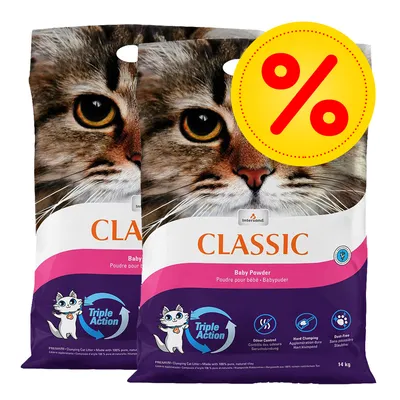 Intersand Classic Katzenstreu, Baby Powder Duft, Triple Action: Geruchskontrolle, starke Klumpenbildung, staubfrei. Zwei 14kg Säcke mit Rabatt-Symbol.