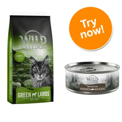 Wild Freedom Green Lands dry food 6.5 kg bag with cat image, 100% grain-free recipe label, and Wild Freedom Instinctive Hidden Woods wet food tin. Orange circle with text: Try now! Wild Freedom Green Lands dry food 6.5 kg bag with cat image, 100% grain-free recipe label, and Wild Freedom Instinctive Hidden Woods wet food tin. Orange circle with text: Try now!