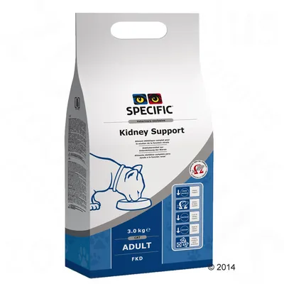 Упаковка корма для кошек SPECIFIC Kidney Support, 3,0 кг, ADULT FKD. Видна схема с иконками и надписями на английском языке, изображение кошки у миски.