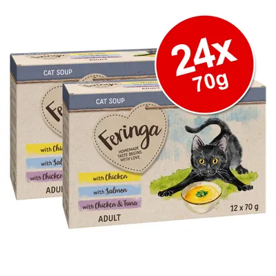 Feringa cat soup for adults, 24 packs of 70g each. Flavours shown: chicken, salmon, chicken and tuna. Image shows two product boxes.