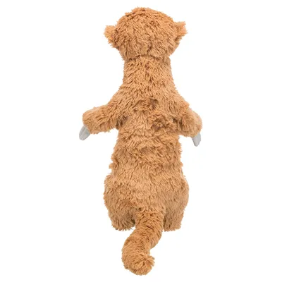 Bruin pluchen speelgoed in dierenvorm met lange armen en staart, achterkant.