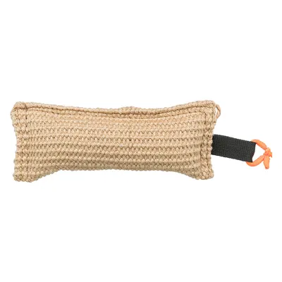 Rektangulær hundedummy af flettet naturmateriale med sort strop og orange snor i den ene ende. Ingen synlige mærker eller tekst.