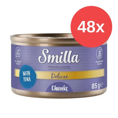Smilla Deluxe Chunks con atún, lata de 85g, sin azúcar, receta sin cereales. El paquete contiene 48 latas. Smilla Deluxe Chunks con atún, lata de 85g, sin azúcar, receta sin cereales. El paquete contiene 48 latas.