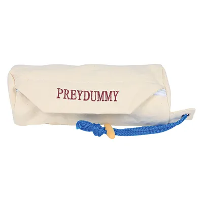 Canvas trainingsdummy met opdruk 'PREYDUMMY' en blauw koord, zichtbaar houten ringetje aan het koord.