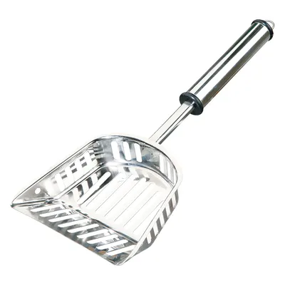 Metallspade med handtag och slitsar, lämplig för att sålla eller ta bort kattsand.
