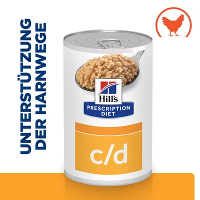 Hill's Prescription Diet c/d Nassfutter für Unterstützung der Harnwege, mit Huhn. Abbildung einer Dose und Futter auf einem Löffel.