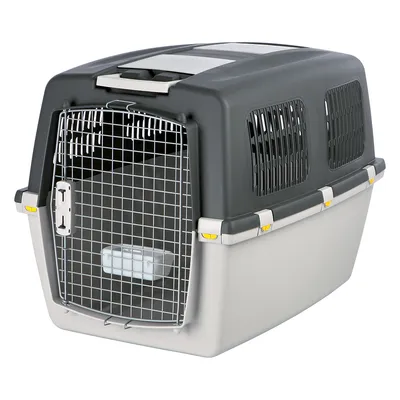 Trasportino per animali in plastica con porta frontale in metallo, prese d’aria laterali e ciotola interna visibile. Chiusure di sicurezza gialle sui lati.