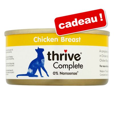 Boîte thrive Complete Chicken Breast 0% Nonsense, texte cadeau en rouge sur l’étiquette. Marque et nom du produit visibles.