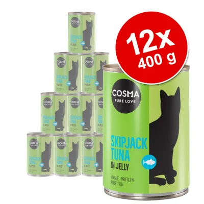 Cosma Pure Love Skipjack Tuna in Jelly, zestaw 12 puszek po 400 g. Widoczna grafika kota na opakowaniu, napis Single Protein Pure Fish.