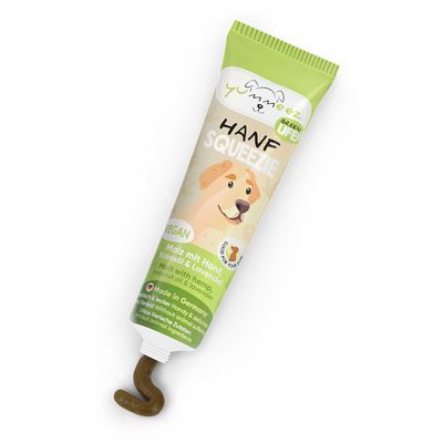 Yummeez Hanf Squeezie, vegan. Malt mit Hanf, Kokosöl & Lavendel. Made in Germany. Utan animaliska ingredienser. Text på tyska och engelska.