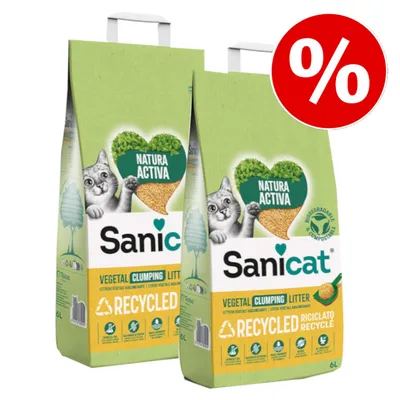 2 bolsas de arena vegetal aglomerante Sanicat Natura Activa, 6L cada una. Texto visible: RECYCLED, biodegradable y compostable. Símbolo de porcentaje en círculo rojo. 2 bolsas de arena vegetal aglomerante Sanicat Natura Activa, 6L cada una. Texto visible: RECYCLED, biodegradable y compostable. Símbolo de porcentaje en círculo rojo.