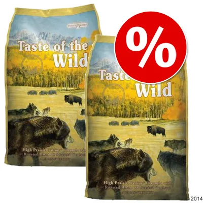 Kaksi Taste of the Wild -koiranruokapussia, edessä punainen alennusmerkki prosenttimerkillä (%)