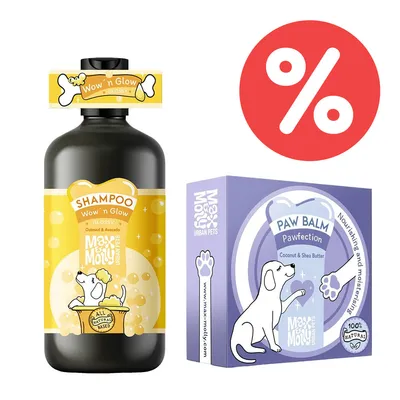 Max & Molly Shampoo Wow 'n Glow mit Haferflocken und Avocado, All Natural Based. Paw Balm Pawfection mit Kokosnuss und Sheabutter, 100% natürlich.