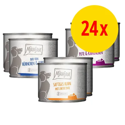 Lot de 24 boîtes MjAMjAM pour chien, textes visibles : Duo von Hühnchen & Erbse, Saftiges Huhn mit zarter Ente, Pute & Kaninchen. Étiquettes en allemand. Lot de 24 boîtes MjAMjAM pour chien, textes visibles : Duo von Hühnchen & Erbse, Saftiges Huhn mit zarter Ente, Pute & Kaninchen. Étiquettes en allemand.