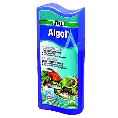 JBL Algol bottle, visible text: solves algae problems, effective without using copper, not harmful to fish including catfish, for freshwater, treats 1000 l. Images of fish and plants on label.