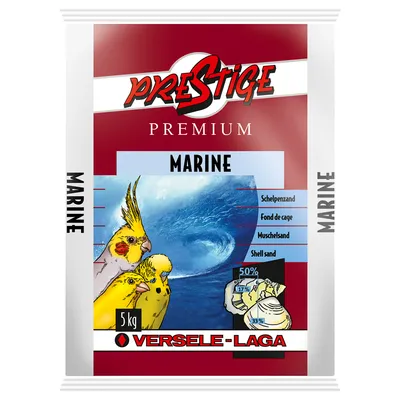 Опаковка Versele-Laga Prestige Premium Marine, 5 кг. Изображение на папагали, мида и вълна. Видим текст: Shell sand, 50 %, 33 %, 17 %. Опаковка Versele-Laga Prestige Premium Marine, 5 кг. Изображение на папагали, мида и вълна. Видим текст: Shell sand, 50 %, 33 %, 17 %.