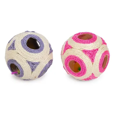 Zwei Spielbälle aus Seilmaterial, einer mit lila Akzenten und einer mit pinken Akzenten, jeweils mit Öffnungen und sichtbaren Federn im Inneren.